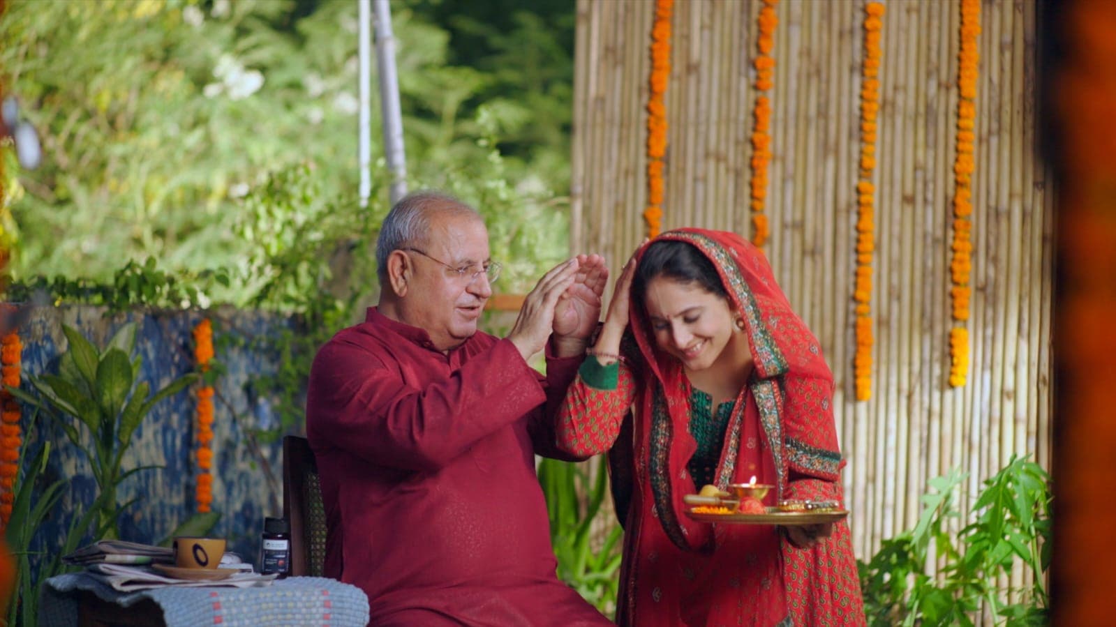 Cinematic blessing scene with puja thali